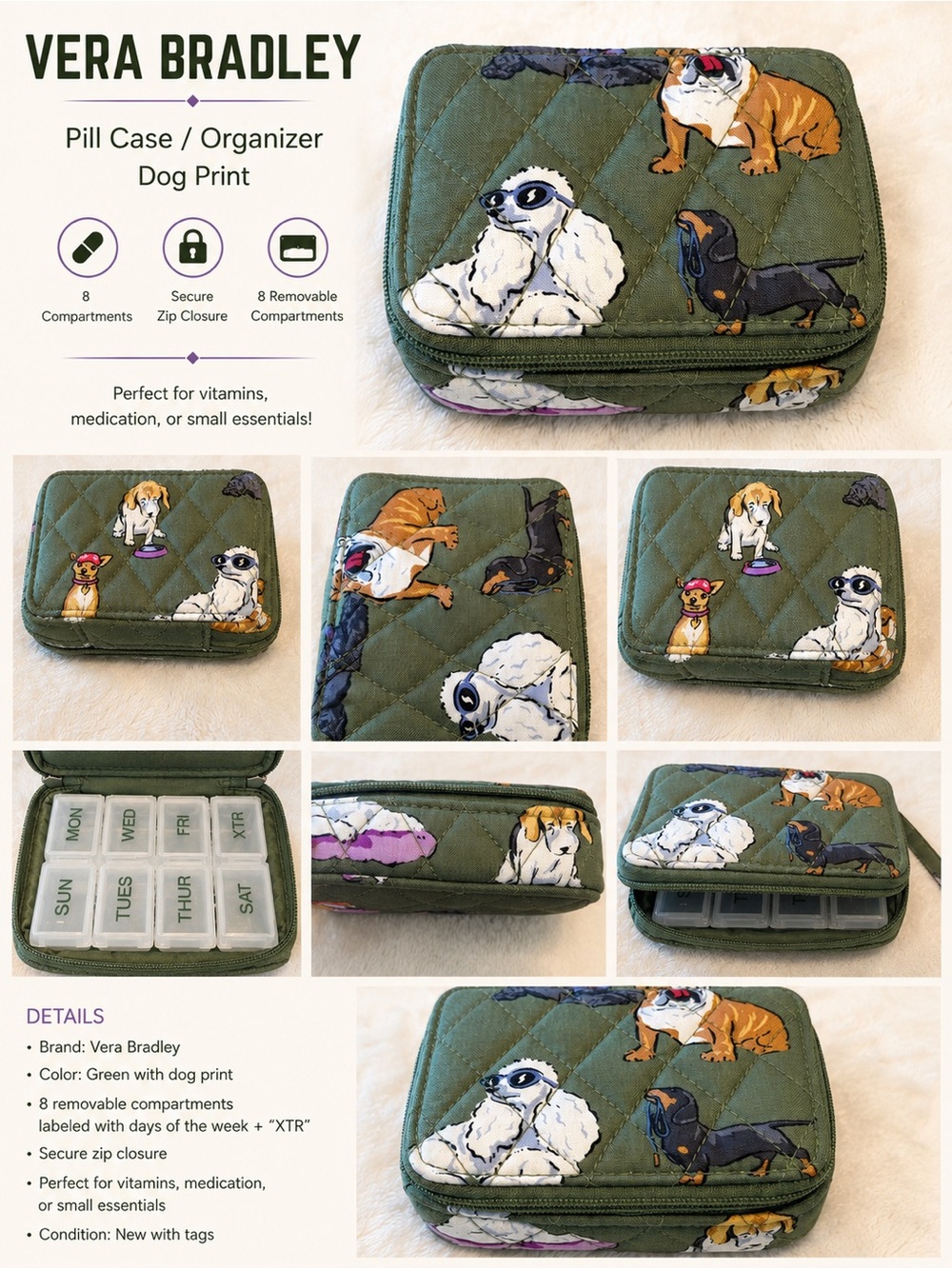 NWT Vera Bradley Green Quilted Dog Pill Box